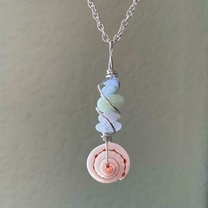 Wire Wrapped Handmade Seashell Aventurine Aquamarine Gemstone Pendant Necklace
